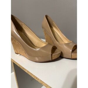 Jessica Simpson JP JANITH Women's Nude Patent Cork Wedge Peep Toe Heels Size 8M